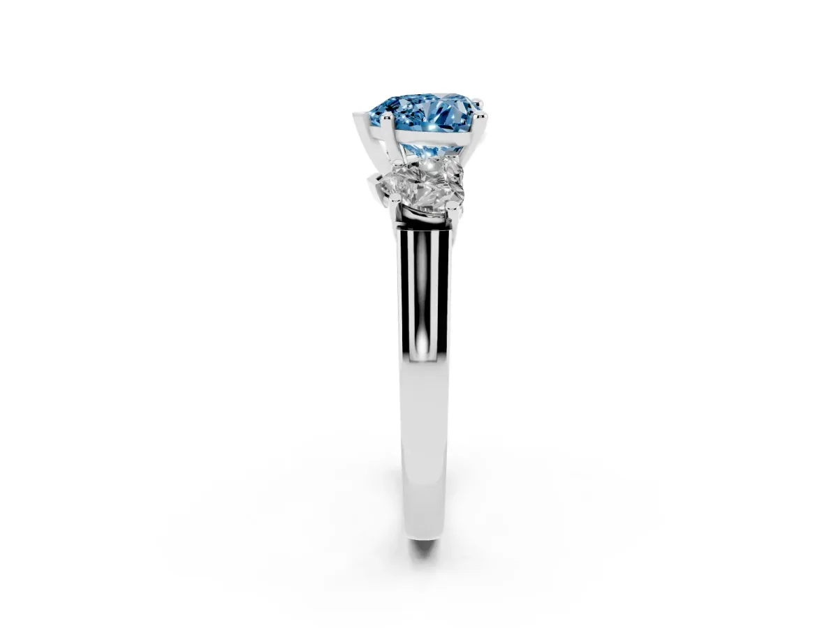 Fancy Blue Three-Stone Heart Cut Brilliant Diamond Trellis Ring with Comfort Fit Band Silver