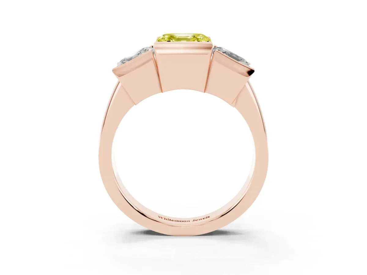 Fancy Yellow Three Stone Asscher Cut Cut Channel Set Diamond Ring Rose gold