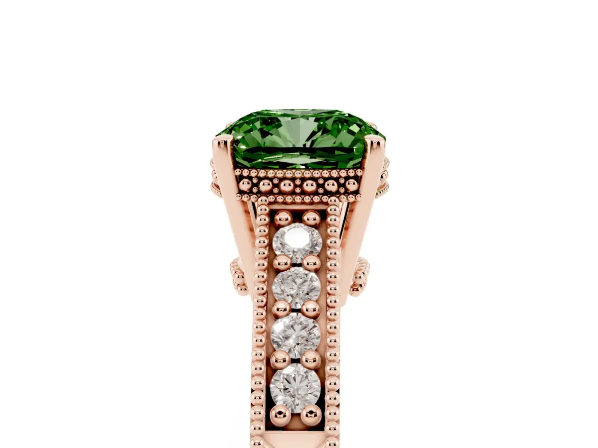 Fancy Green Cushion Cut Solitaire Pavé Diamond Milgrain Engagement Ring with Four-Prong Setting Rose gold