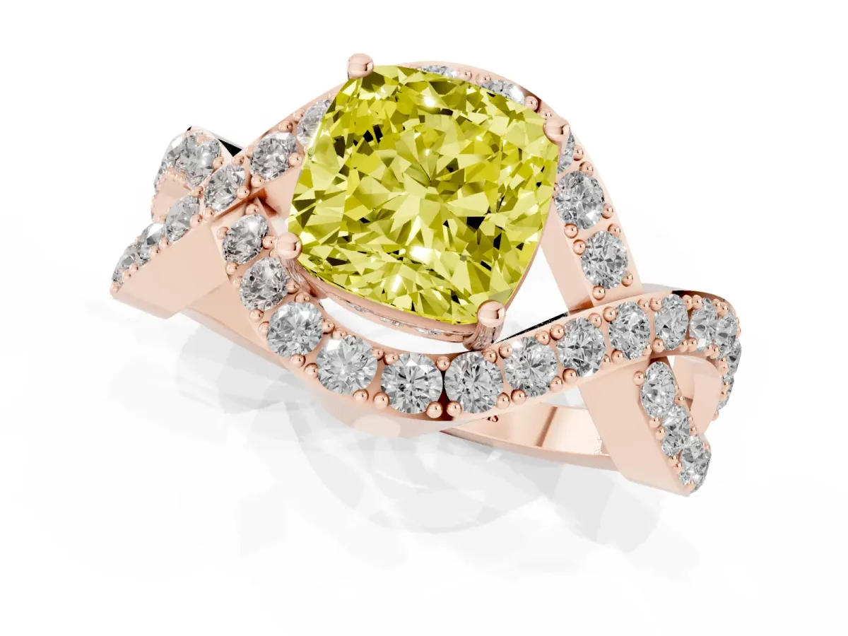 Fancy Yellow Cushion Cut Solitaire Twist Band Pavé Diamond Engagement Ring Rose gold