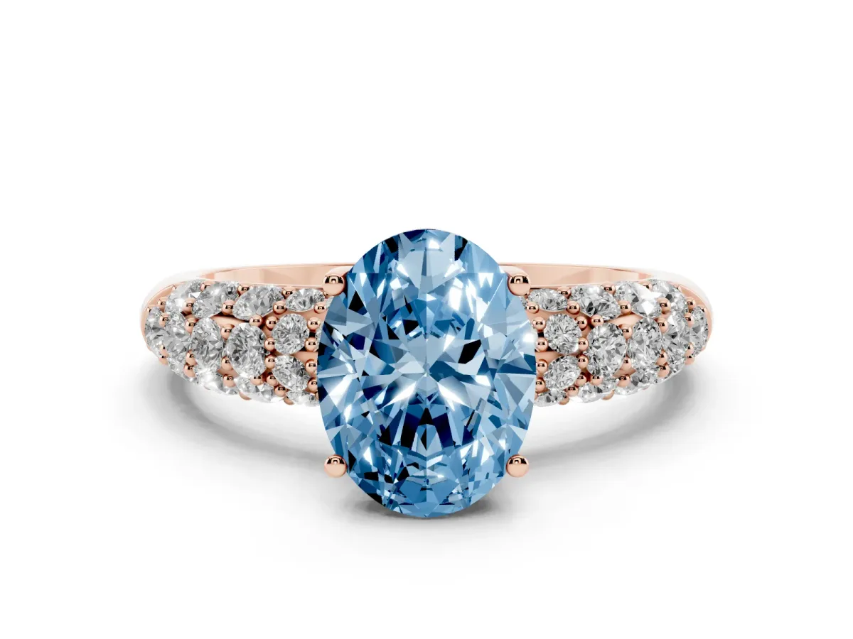 Fancy Blue Oval Cut Diamond Pavé Band Solitaire Ring with Four-Prong Setting Rose gold