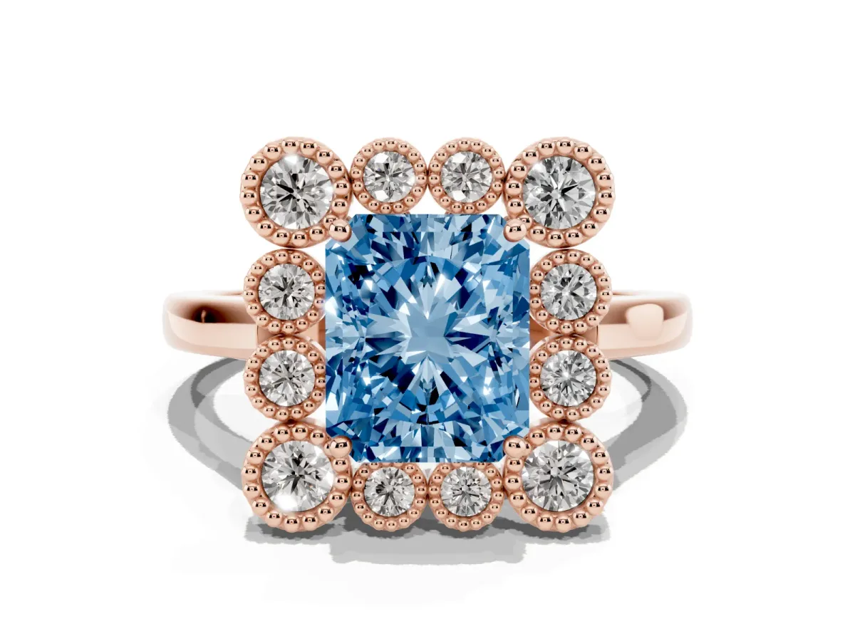 Fancy Blue Radiant Cut Halo Diamond Cluster Engagement Ring with Milgrain Bezel Setting and Solitaire Band Rose gold