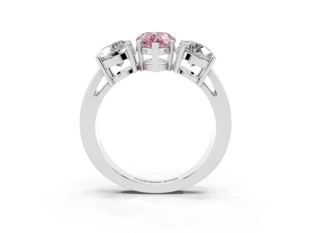 Fancy Pink Three-Stone Pear Cut Diamond Ring with Round Side Stones, Classic Band, and Four-Prong Setting Platinum