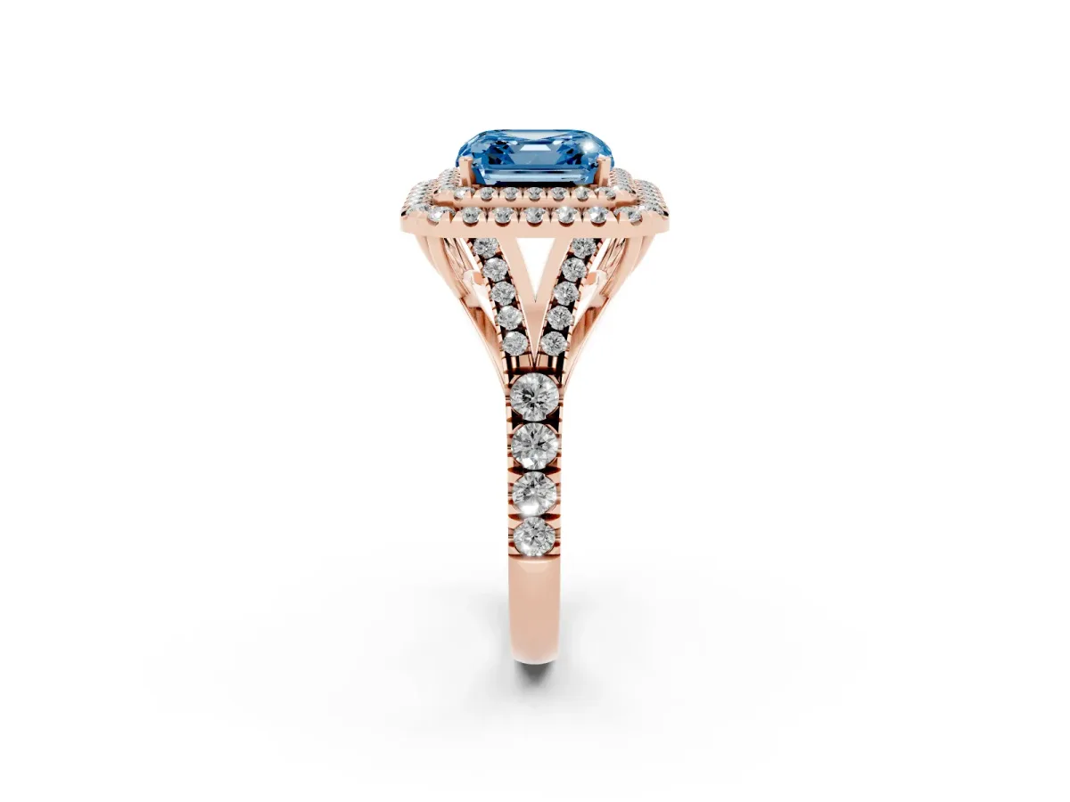 Fancy Blue Asscher Cut Cut Double Halo Split Shank Diamond Ring with Prong Setting Rose gold