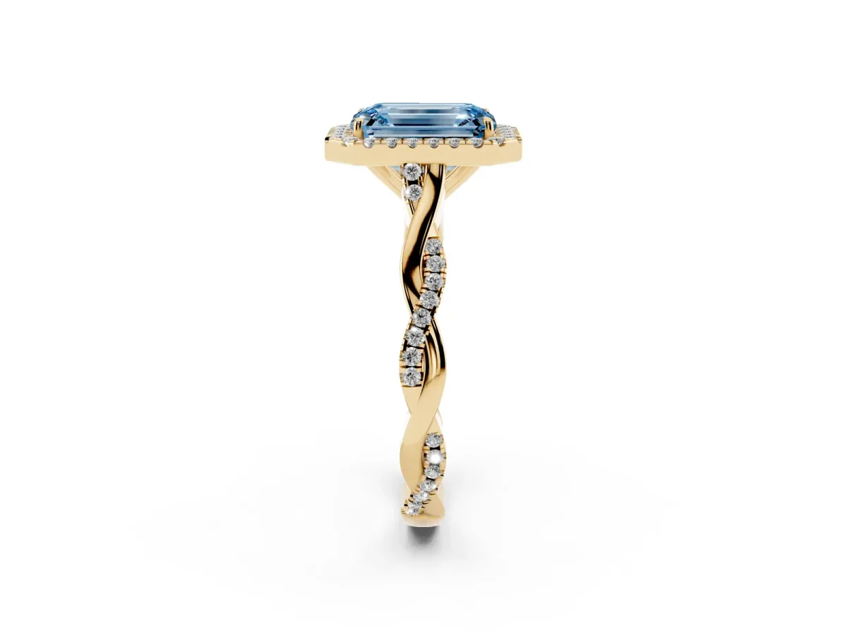 Fancy Blue Emerald Cut Halo Twist Band Solitaire Ring Yellow gold