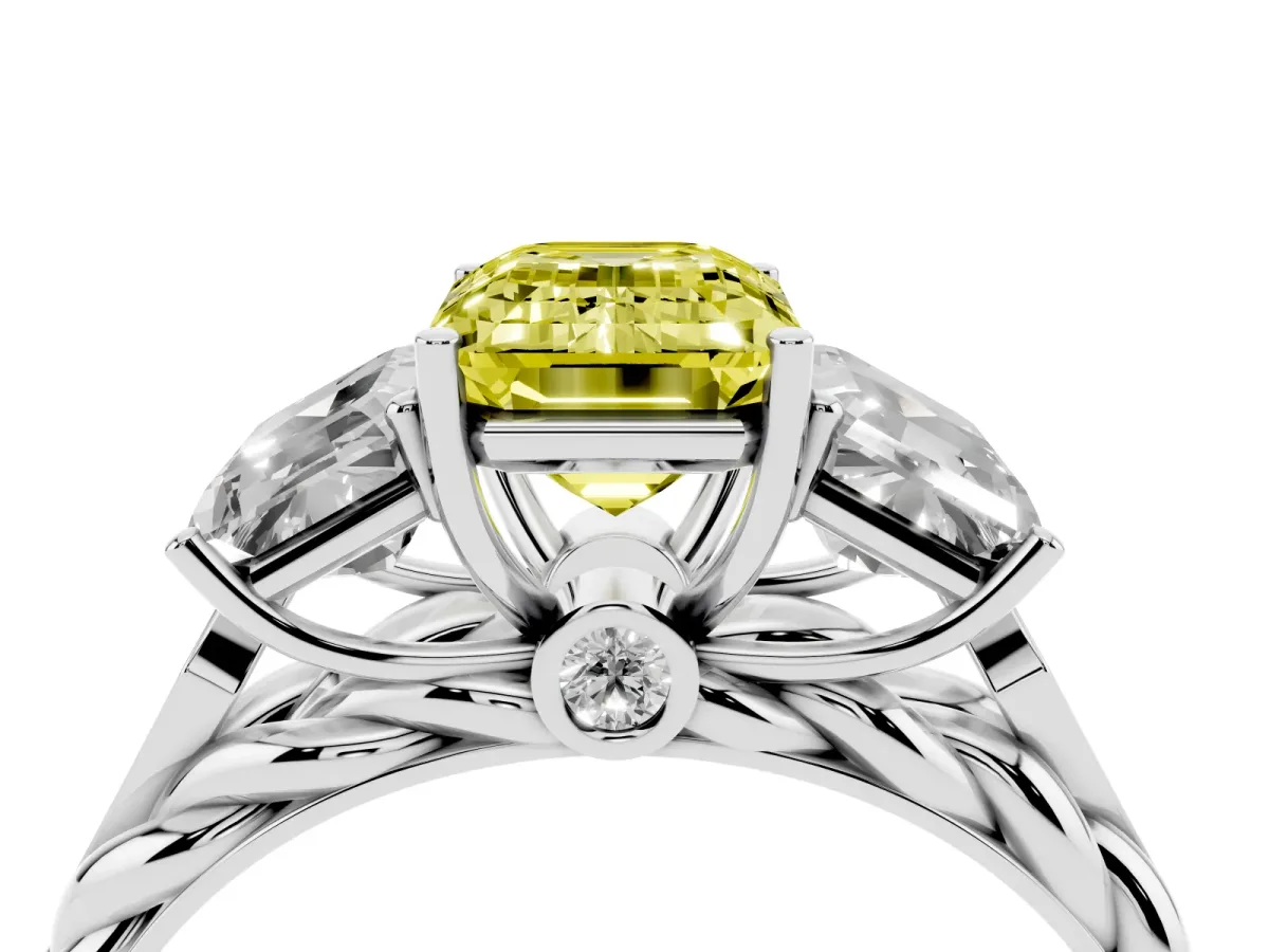 Fancy Yellow Three-Stone Emerald Cut Diamond Braided Band Ring with Four-Prong Setting Platinum