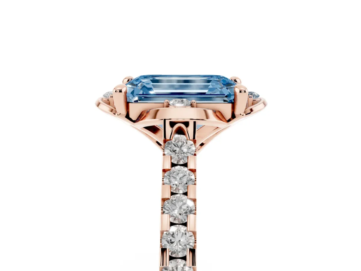 Fancy Blue Emerald Cut Diamond Ring with Pavé Band and Floral Prong Setting Rose gold