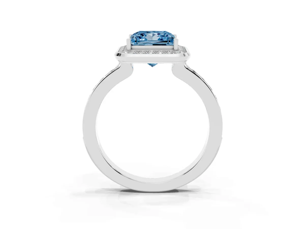 Fancy Blue Princess Cut Diamond Halo Ring with Bezel Frame and Pavé Band Silver