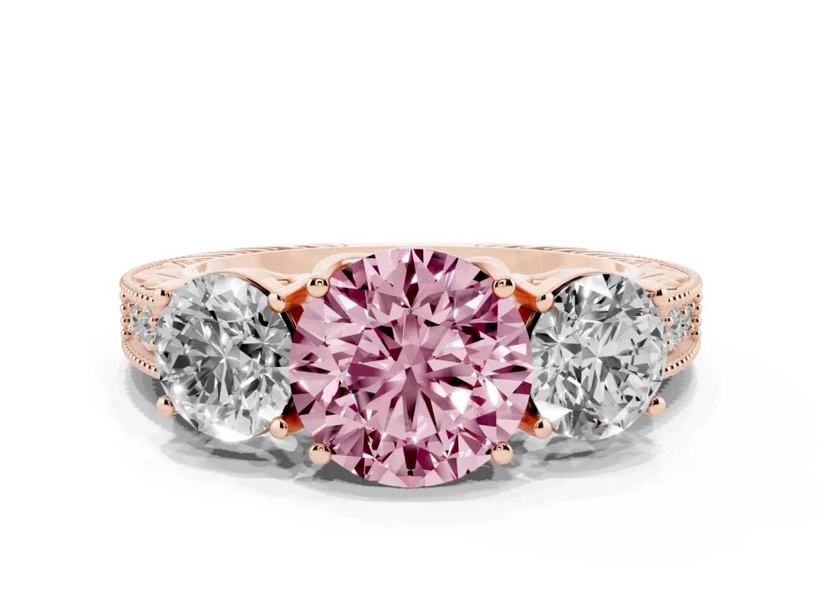 Fancy Pink Three-Stone Round Cut Cut Milgrain Pavé Engagement Ring Rose gold
