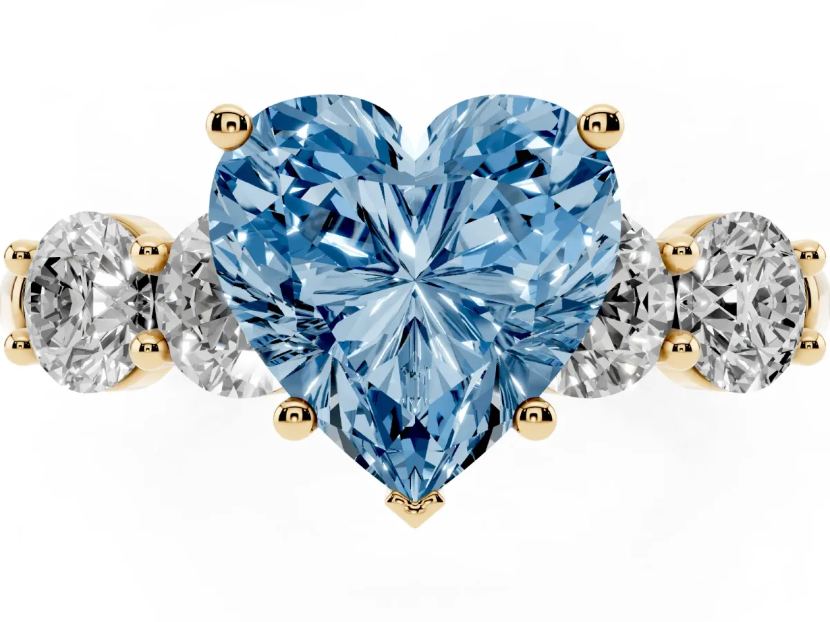 Fancy Blue Heart Cut Cut Five-Stone Prong Set Diamond Ring with Classic Band Yellow gold