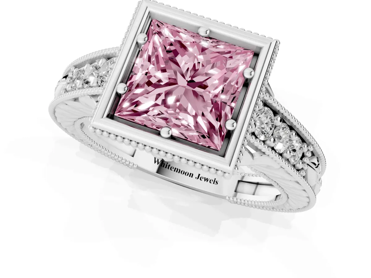 Fancy Pink Bezel Set Princess Cut Diamond Milgrain Pave Engagement Ring Platinum