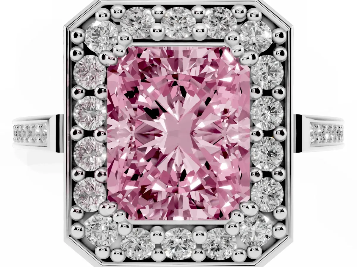Fancy Pink Radiant Cut Diamond Halo Ring with Split Shank and Four-Prong Setting Silver