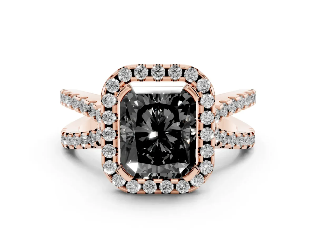 Fancy Black Radiant Cut Diamond Halo Ring with Split Shank Pavé Band and Prong Setting Rose gold