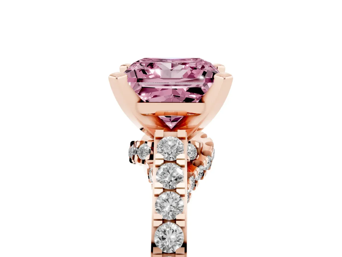 Fancy Pink Princess Cut Diamond Solitaire Ring with Crossover Gallery and Round Pavé Band Rose gold