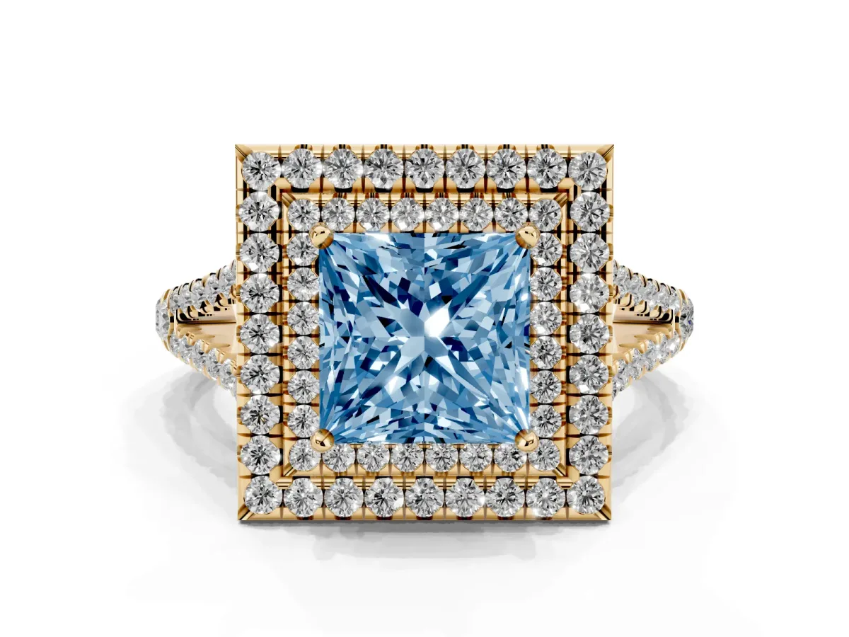 Fancy Blue Princess Cut Diamond Double Halo Ring with Pavé Band and Prong Setting Yellow gold
