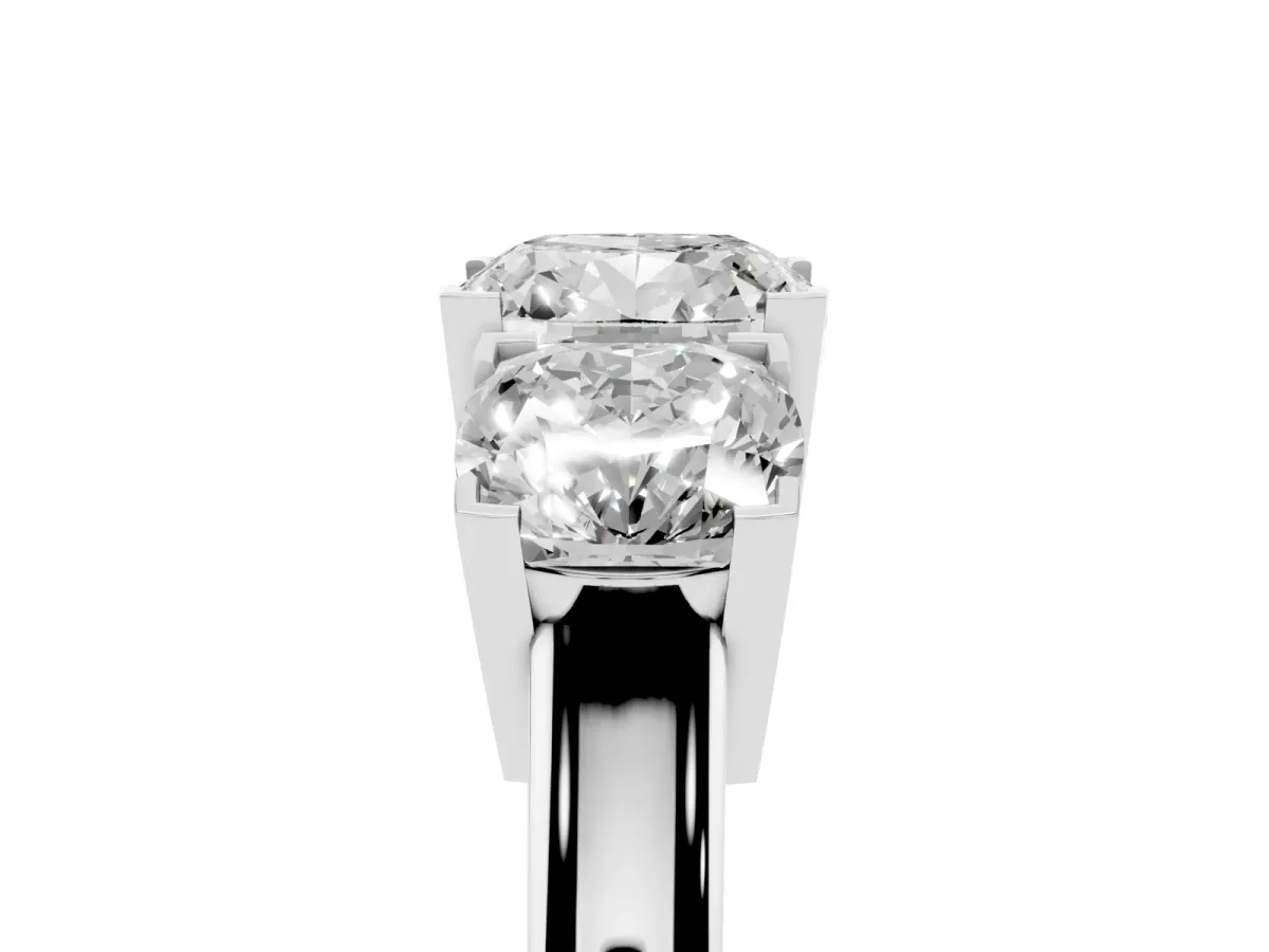 Three-Stone Cushion Cut Cut Diamond Ring with Channel Set Band and Four-Prong Setting Silver