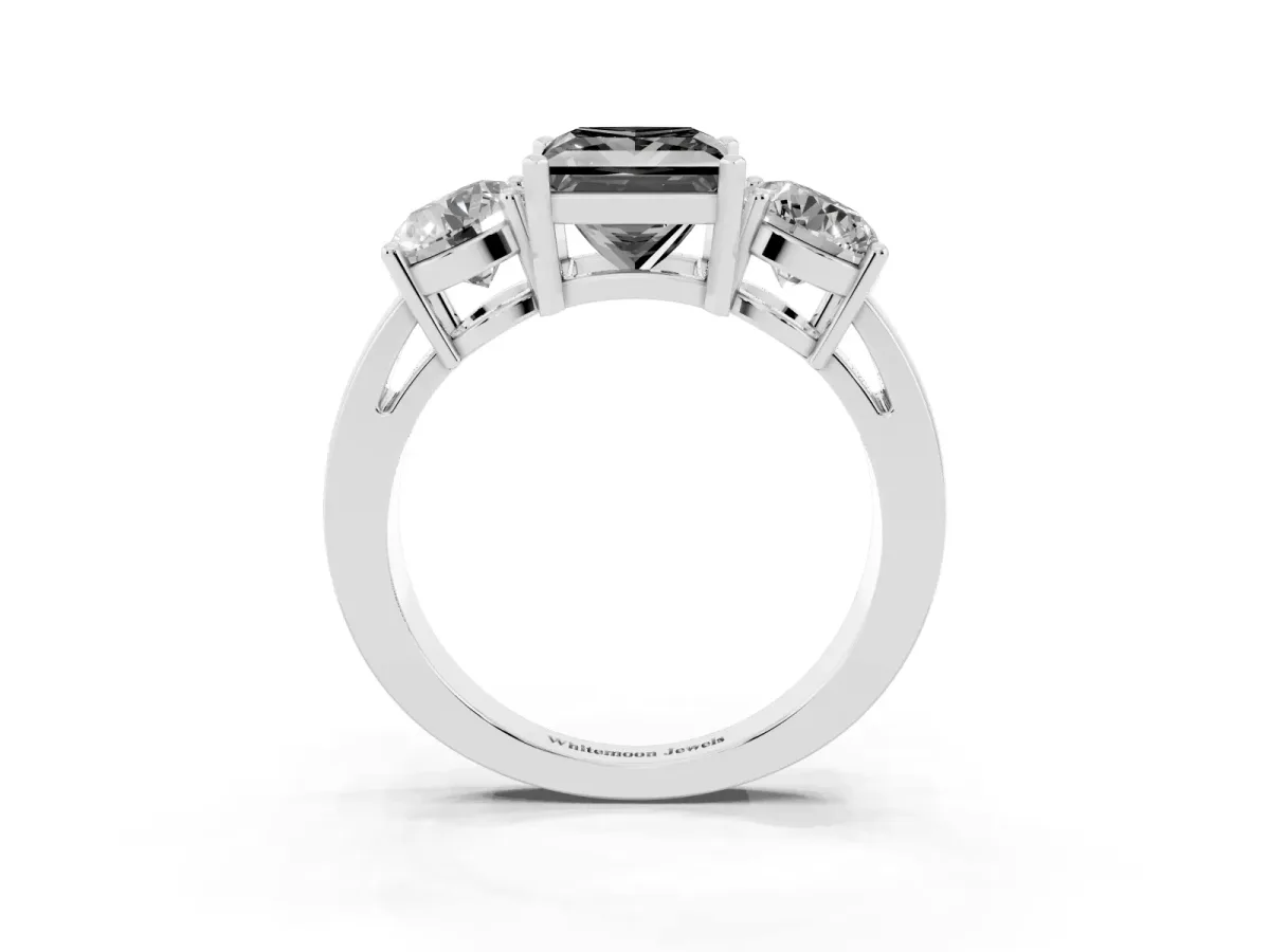 Fancy Black Three-Stone Princess Cut Diamond Ring with Round Side Stones, Classic Band, and Four-Prong Setting Platinum