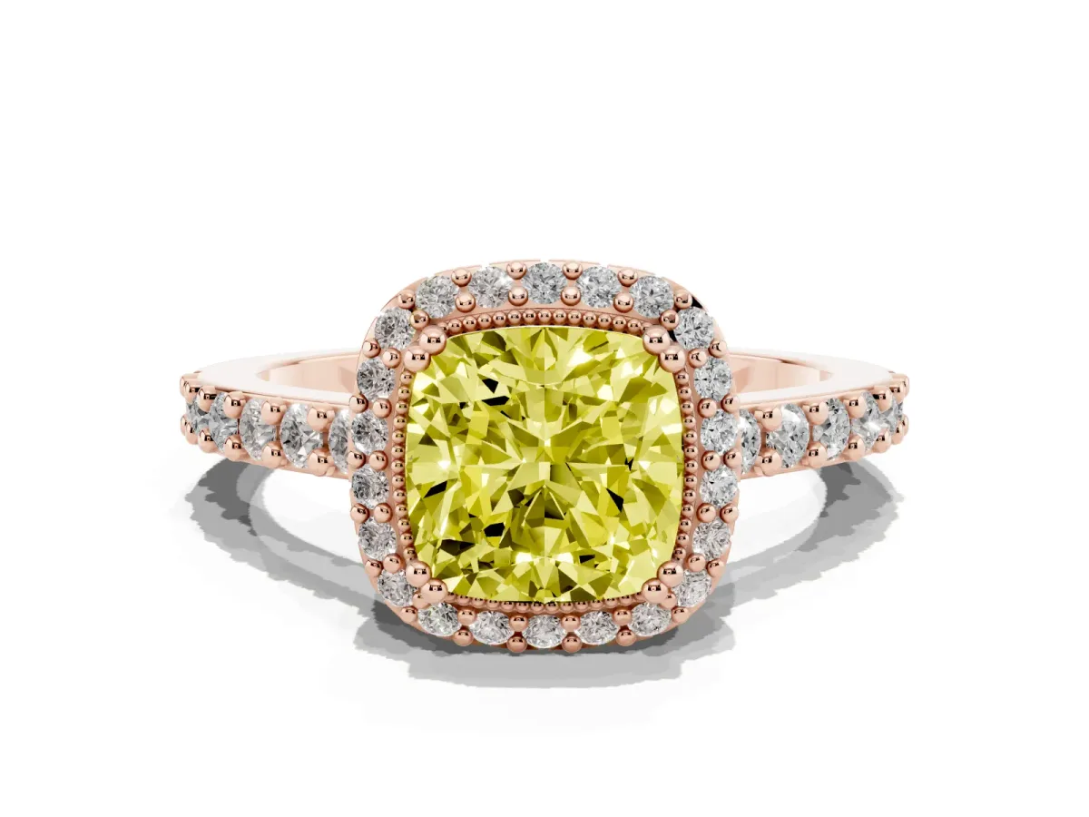 Fancy Yellow Cushion Cut Cut Diamond Halo Engagement Ring with Milgrain Detail and Pavé Band Rose gold