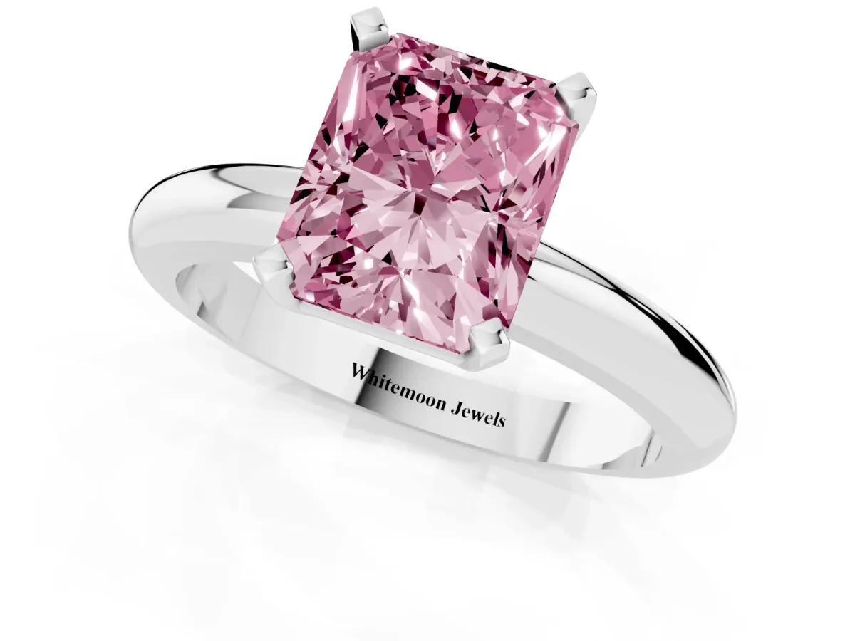 Fancy Pink Radiant Cut Diamond Solitaire Engagement Ring with Round Band and Four-Prong Setting White gold