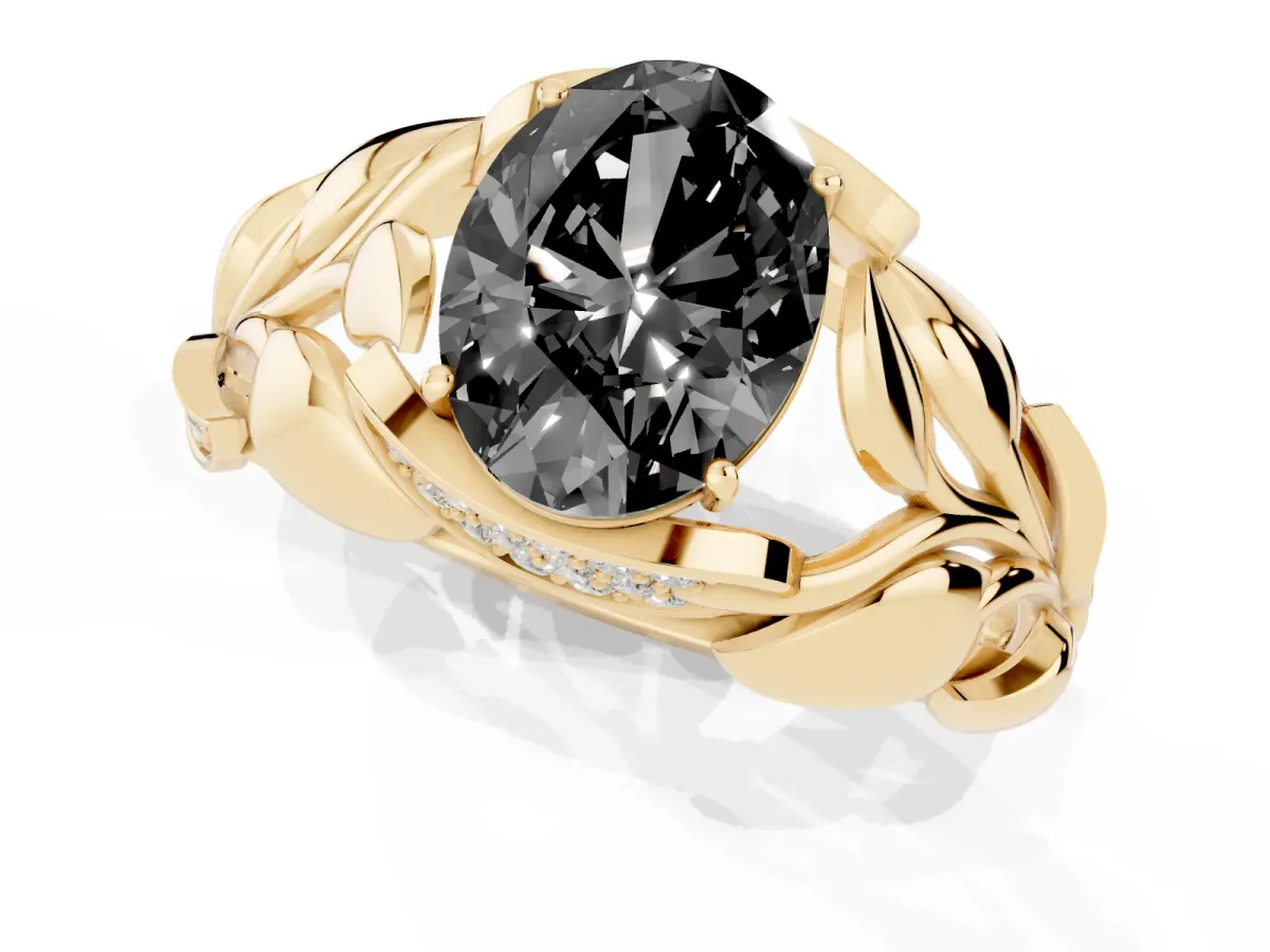 Fancy Black Oval Cut Diamond Leaf-Inspired Engagement Ring with Round Accents and Prong Setting Yellow gold