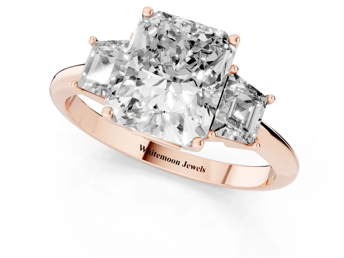 Radiant Cut Diamond Three-Stone Ring with Trapezoid Side Stones and Prong Setting Rose gold