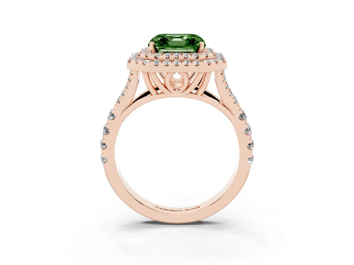 Fancy Green Asscher Cut Diamond Pavé Split Shank Double Halo Engagement Ring Rose gold