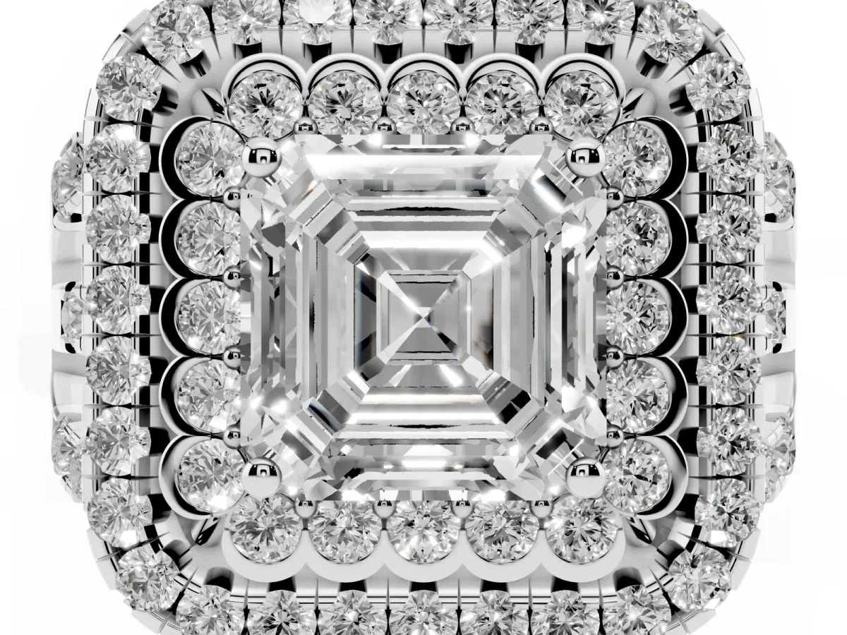 Asscher Cut Diamond Double Halo Ring with Round Pavé Split Shank and Prong Setting Silver