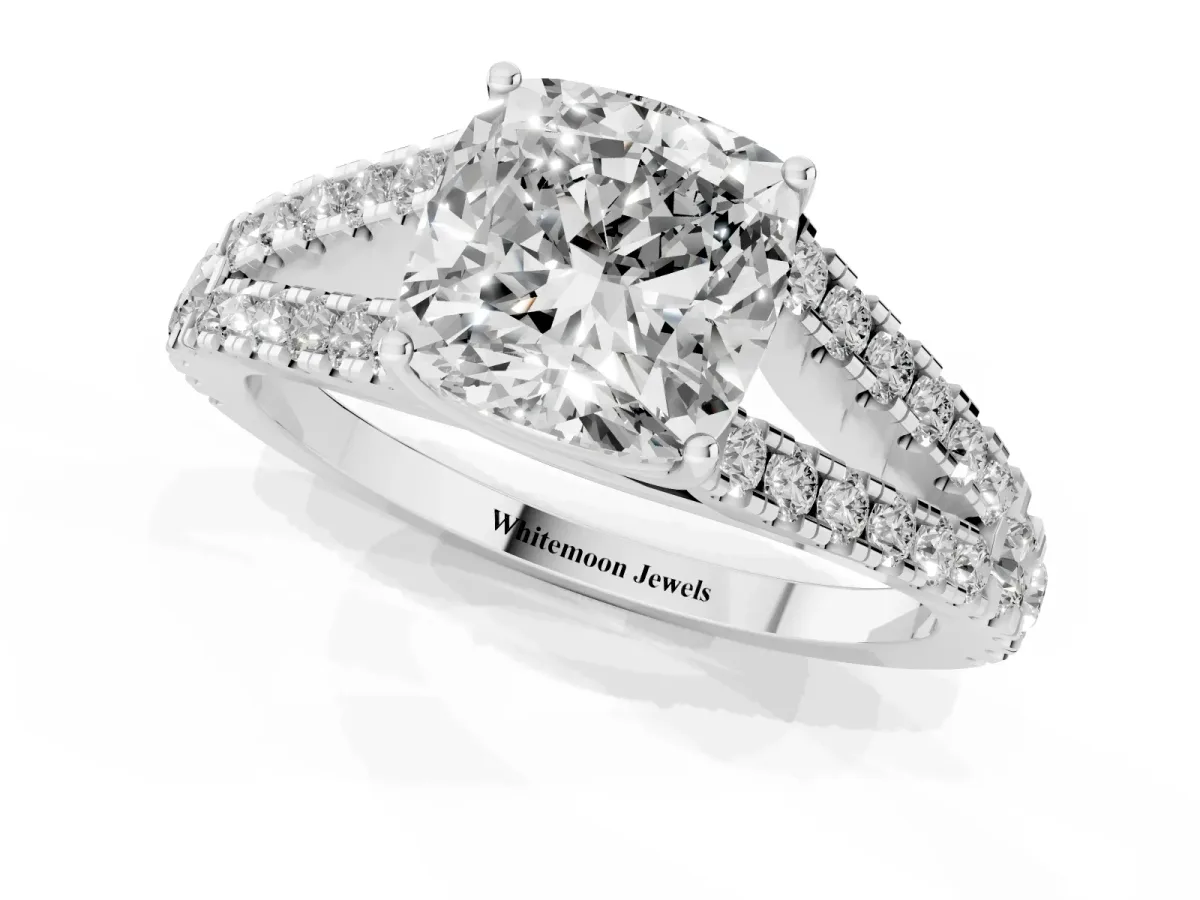 Cushion Cut Diamond Split Shank Engagement Ring with Round Pavé and Prong Setting Silver