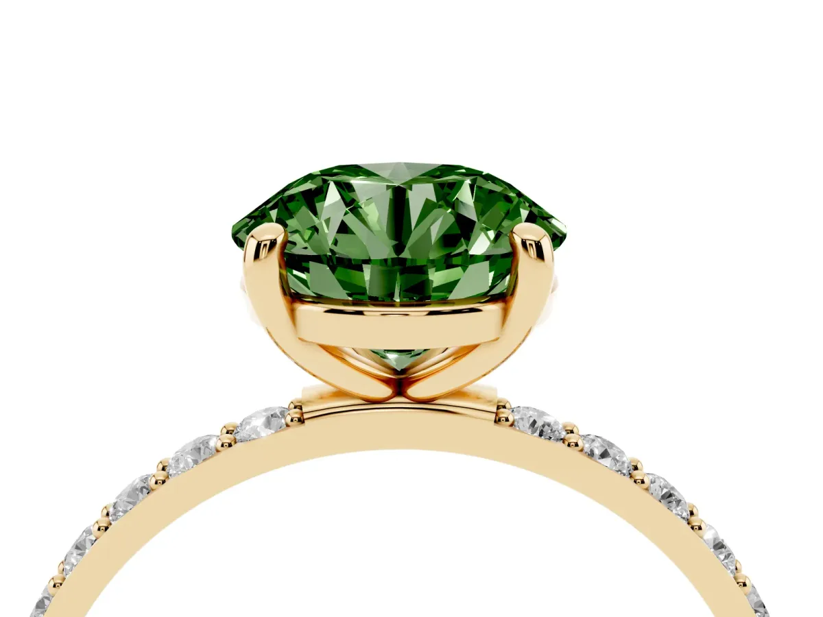 Fancy Green Round Cut Diamond Solitaire Ring with Round Pavé Band and Prong Setting Yellow gold