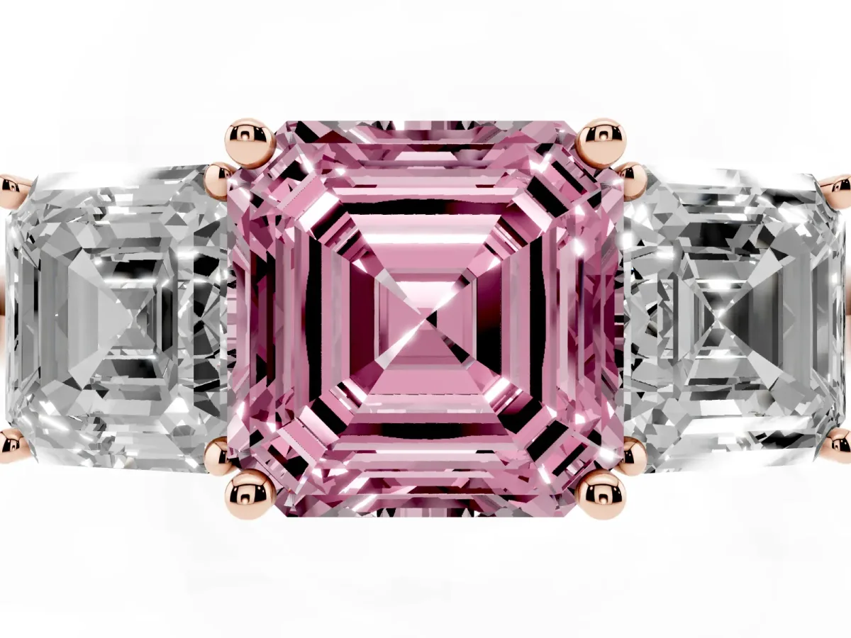 Fancy Pink Three-Stone Asscher Cut Cut Diamond Engagement Ring with Prong Setting on a White Gold Band Rose gold