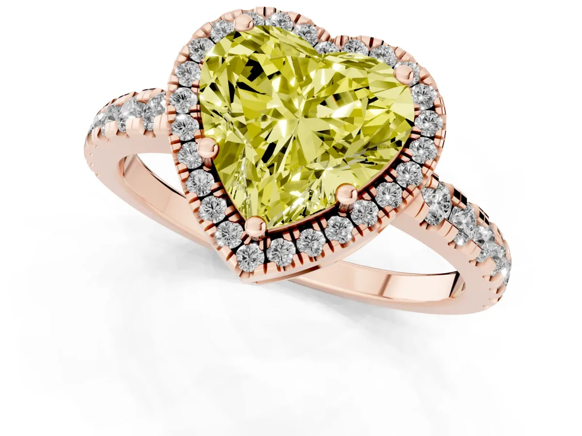Fancy Yellow Heart Cut Diamond Halo Ring with Pavé Band and Four-Prong Setting Rose gold