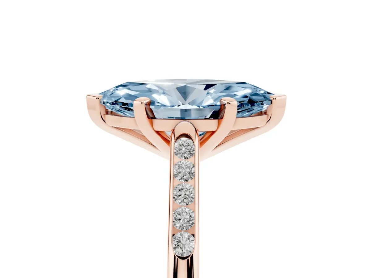 Fancy Blue Marquise Cut Diamond Solitaire Ring with Channel Set Round Band and Prong Setting Rose gold