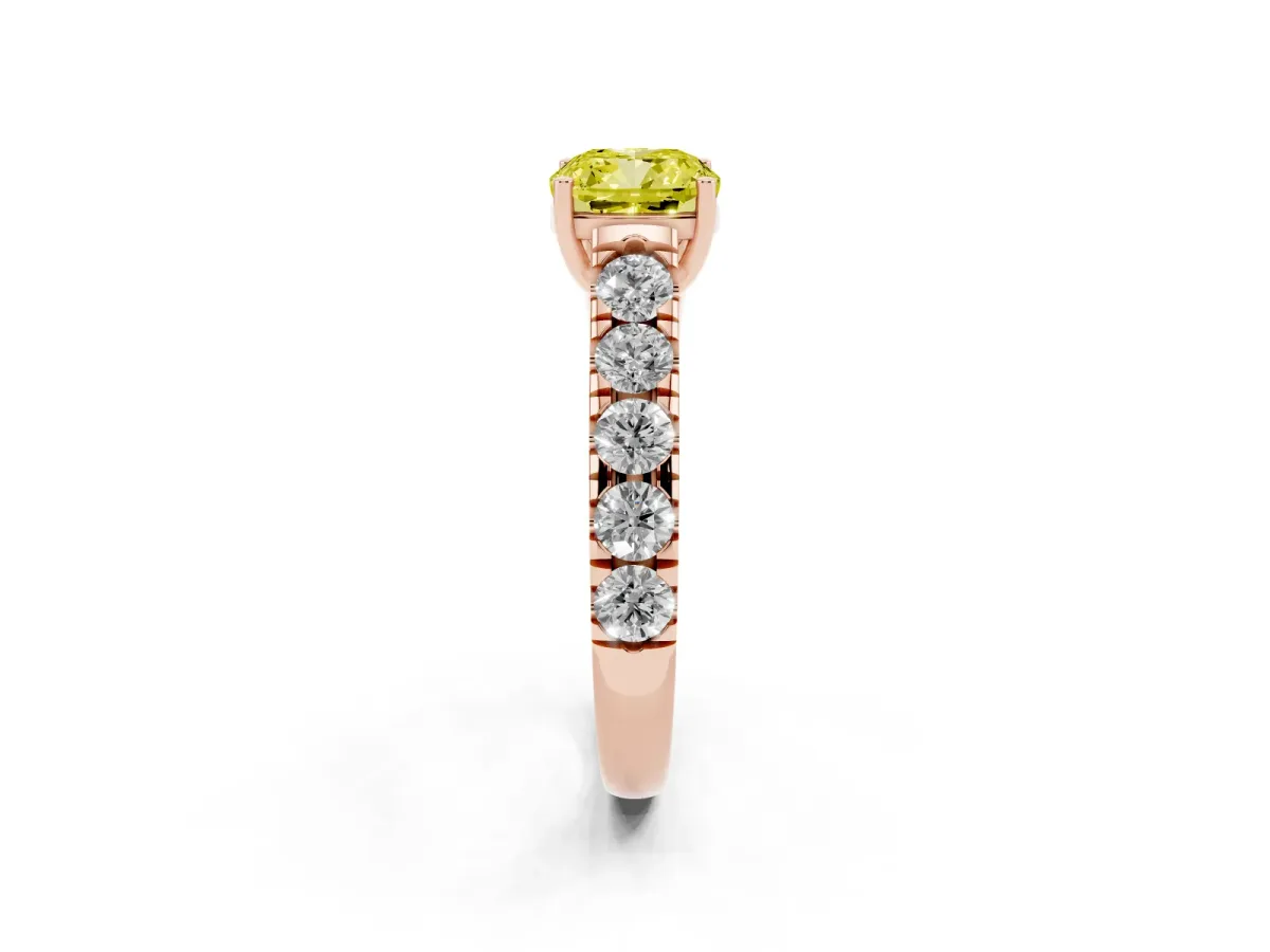 Fancy Yellow Cushion Cut Cut Diamond Solitaire Ring with Micro Pave Band and Prong Setting Rose gold