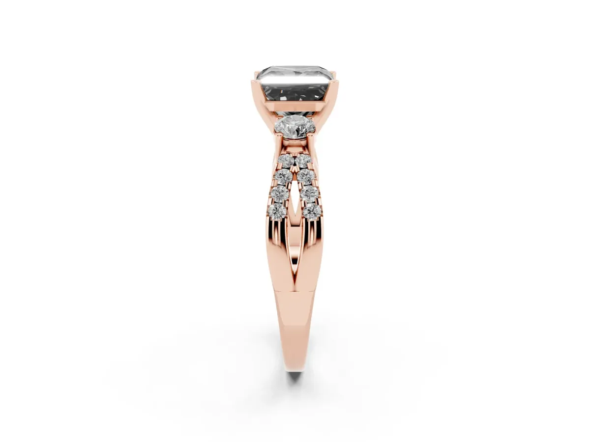 Fancy Black Princess Cut Diamond Three-Stone Ring with Pavé Split Shank and Four-Prong Setting Rose gold