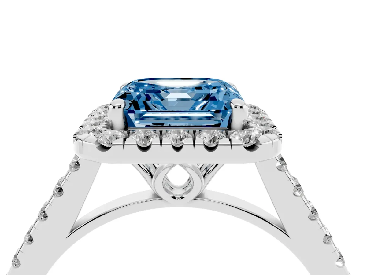 Fancy Blue Asscher Cut Halo Pavé Diamond Engagement Ring with Four-Prong Setting Silver