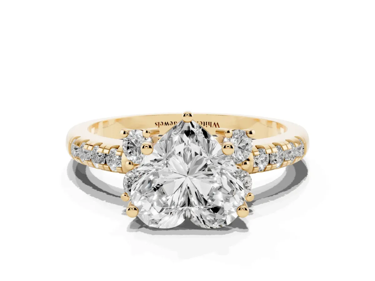 Heart Cut Diamond Three-Stone Pave Band with Four-Prong Setting Yellow gold
