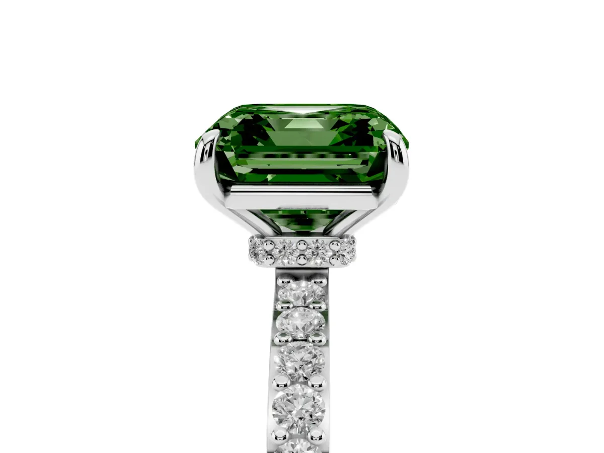 Fancy Green Asscher Cut Diamond Pavé Engagement Ring with Round Accents and Prong Setting Silver