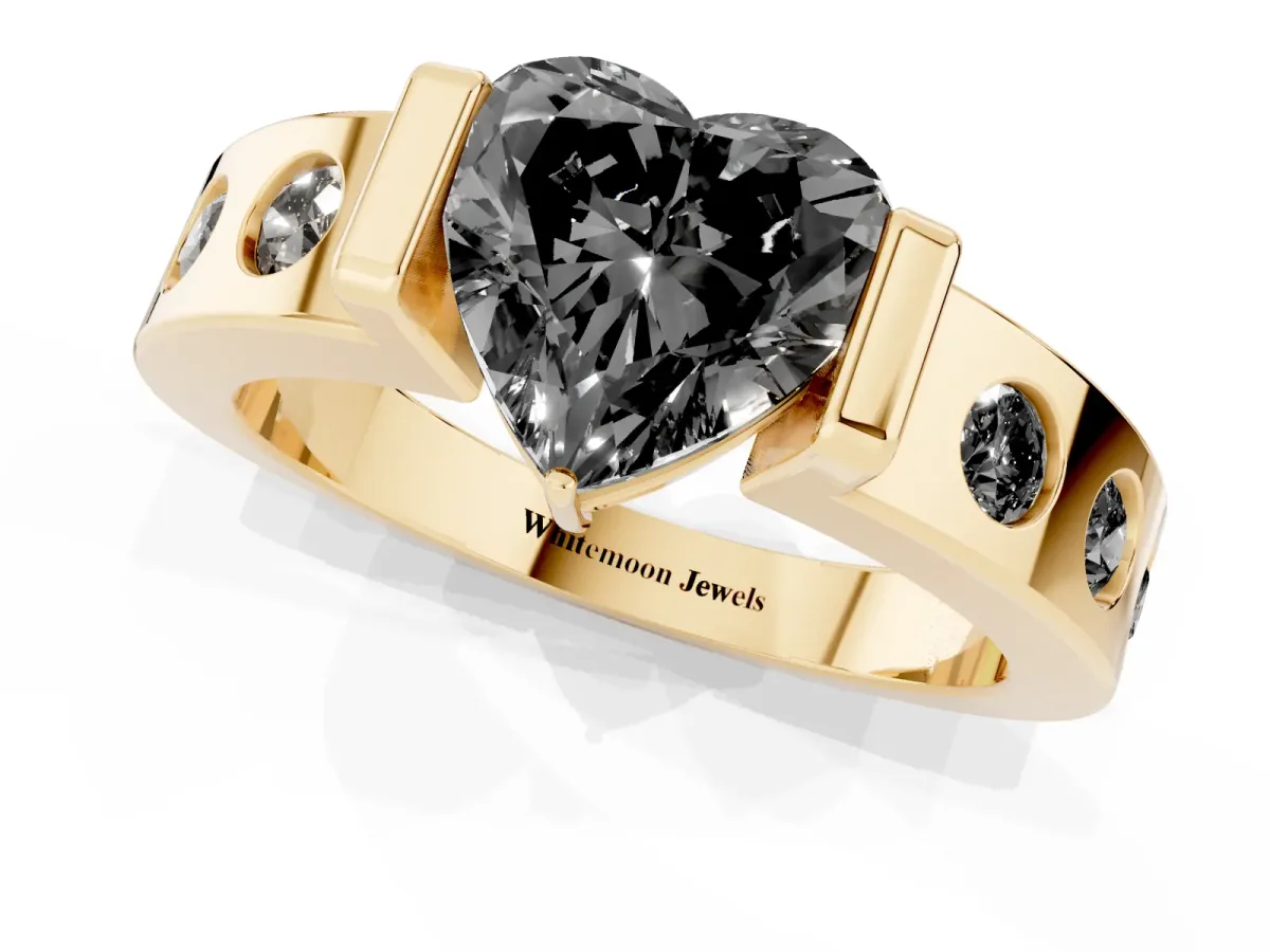 Fancy Black Heart Cut Brilliant Channel-Set Diamond Ring with Bezel Prong Setting Yellow gold