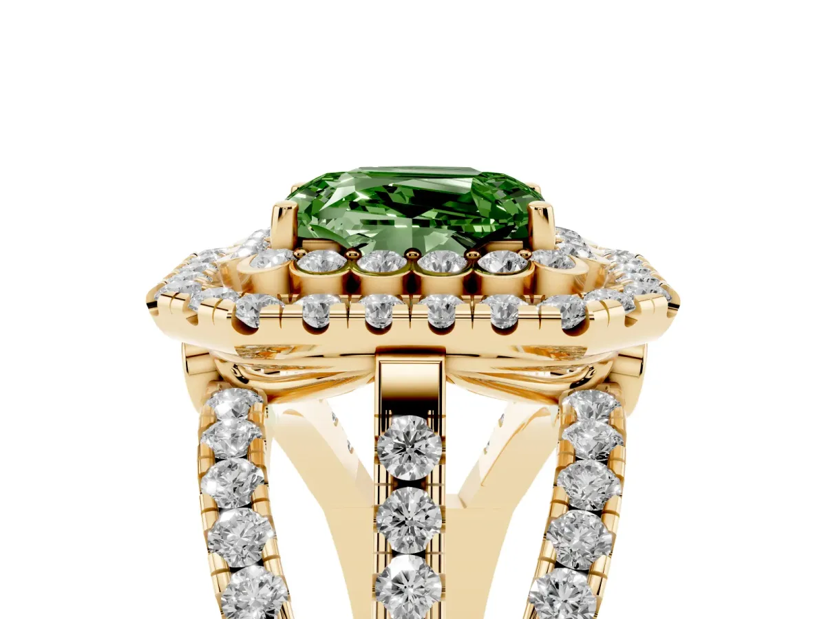 Fancy Green Emerald Cut Diamond Double Halo Ring with Round Pavé Split Shank and Prong Setting Yellow gold