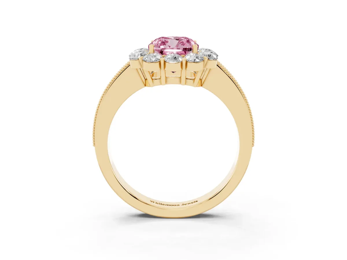 Fancy Pink Cushion Cut Cut Halo Diamond Pavé Engagement Ring with Milgrain Detailing Yellow gold