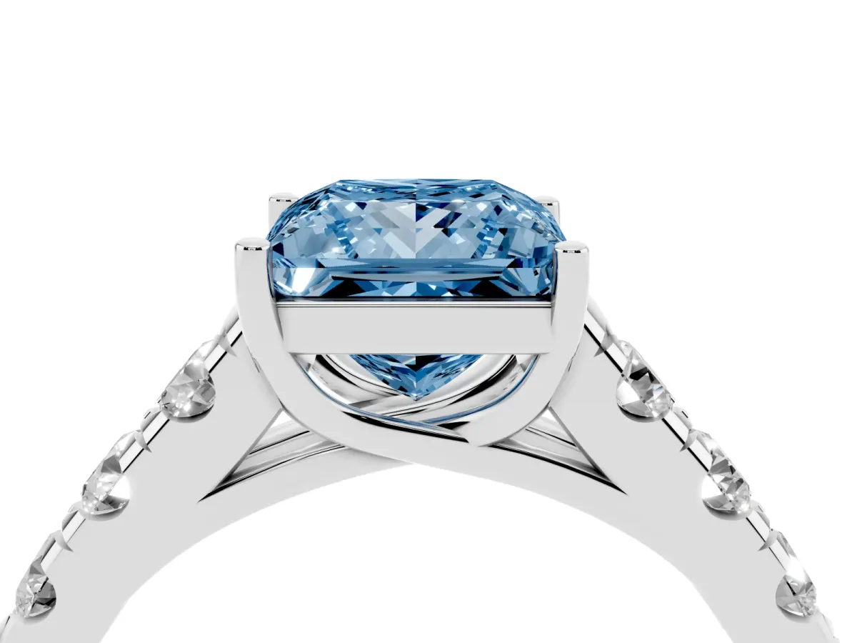 Fancy Blue Princess Cut Cut Diamond Solitaire Ring with Micro Pave Band and Prong Setting Silver