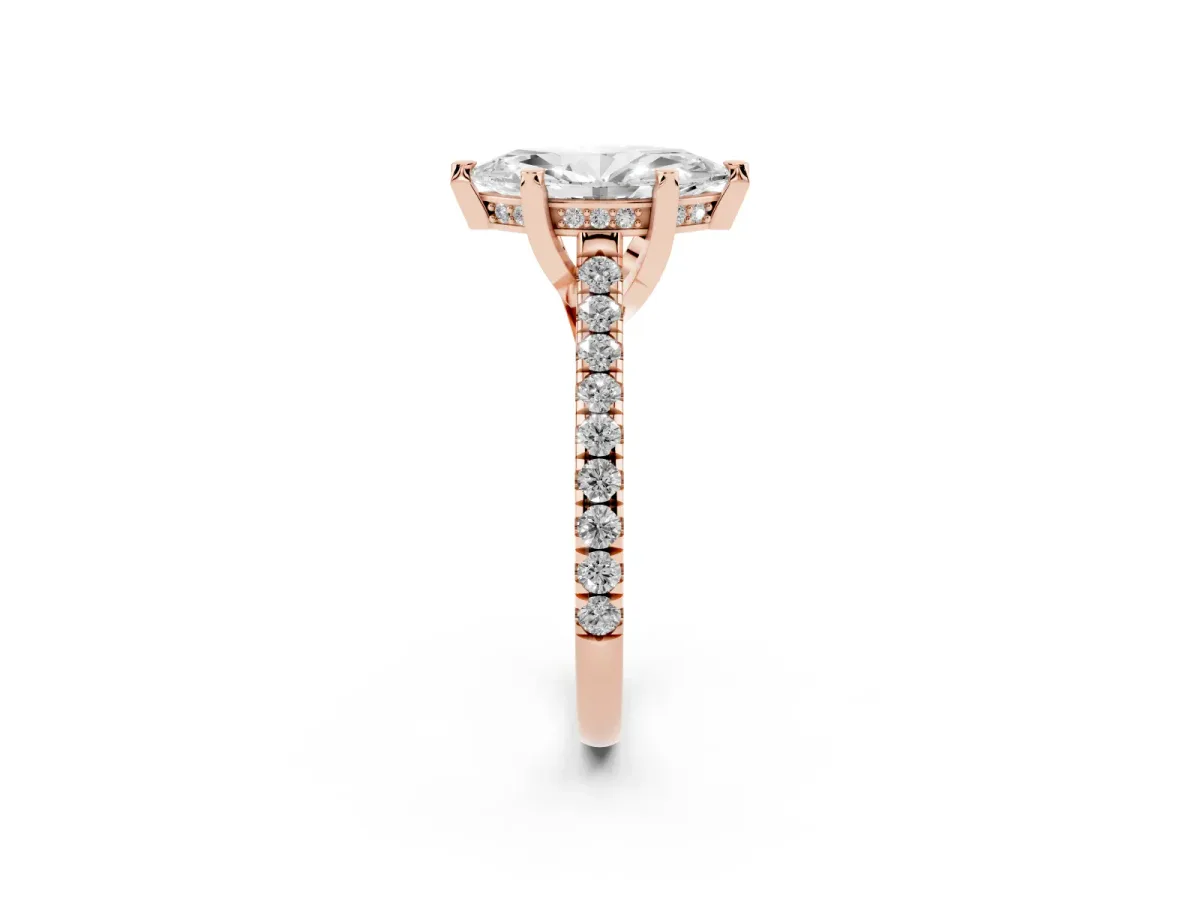 Marquise Cut Brilliant Diamond Solitaire with Pavé Band and Four-Prong Setting Rose gold