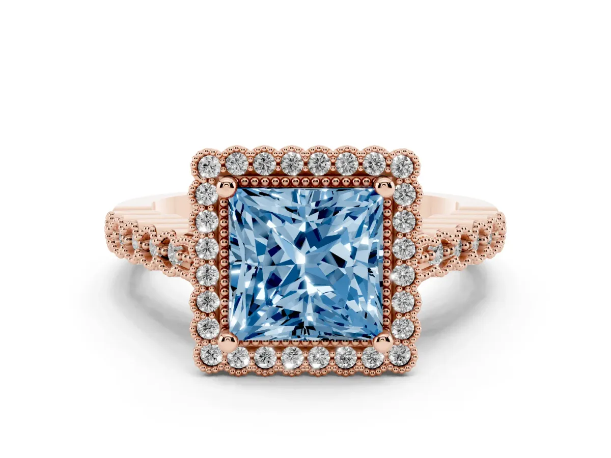 Fancy Blue Princess Cut Cut Halo Pavé Solitaire Ring with Milgrain Band Rose gold