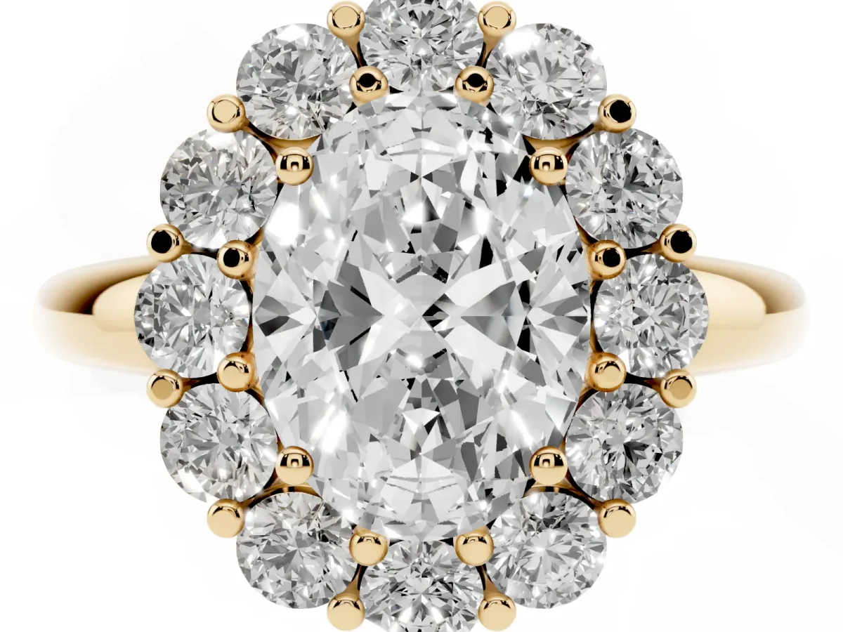Oval Cut Halo Cluster Diamond Engagement Ring with Prong Setting and Polished Band Yellow gold