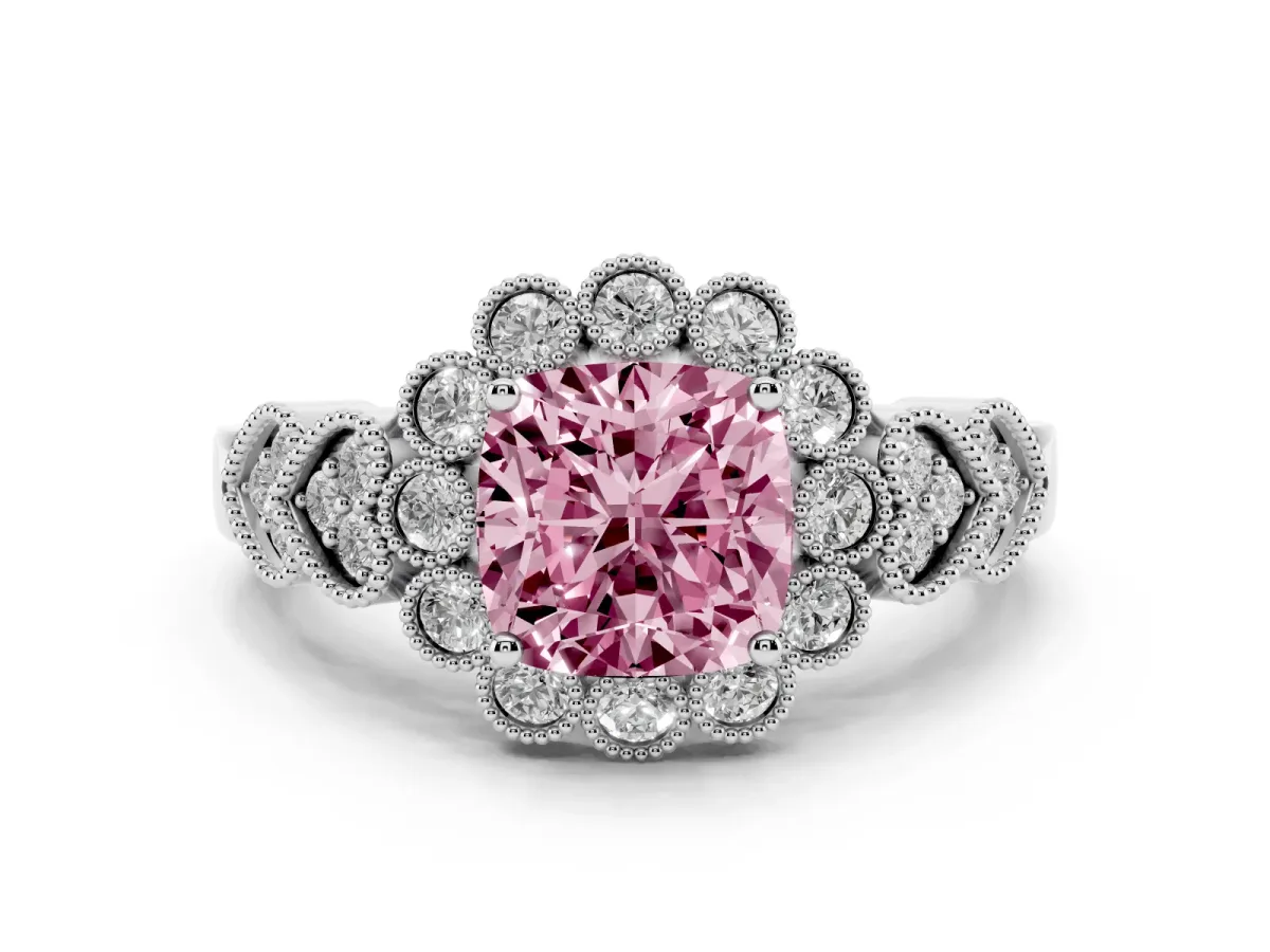 Fancy Pink Cushion Cut Brilliant Milgrain Pave Heart Band Solitaire Ring Silver
