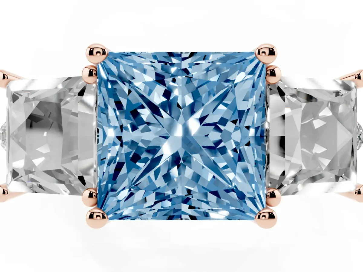 Fancy Blue Three-Stone Princess Cut Diamond Ring with Round Pavé Band and Prong Setting Rose gold