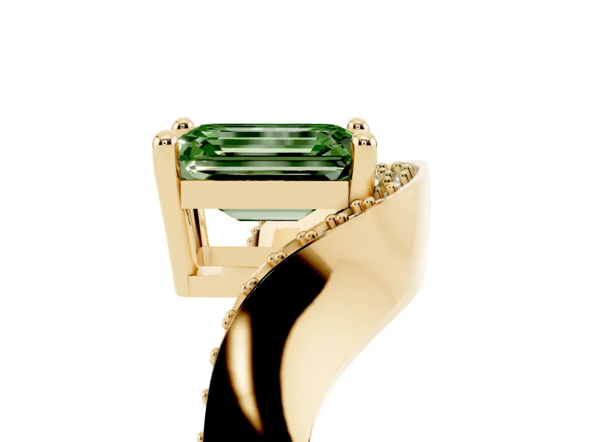Fancy Green Emerald Cut Solitaire Diamond Engagement Ring with Pave Band and Four-Prong Setting Yellow gold
