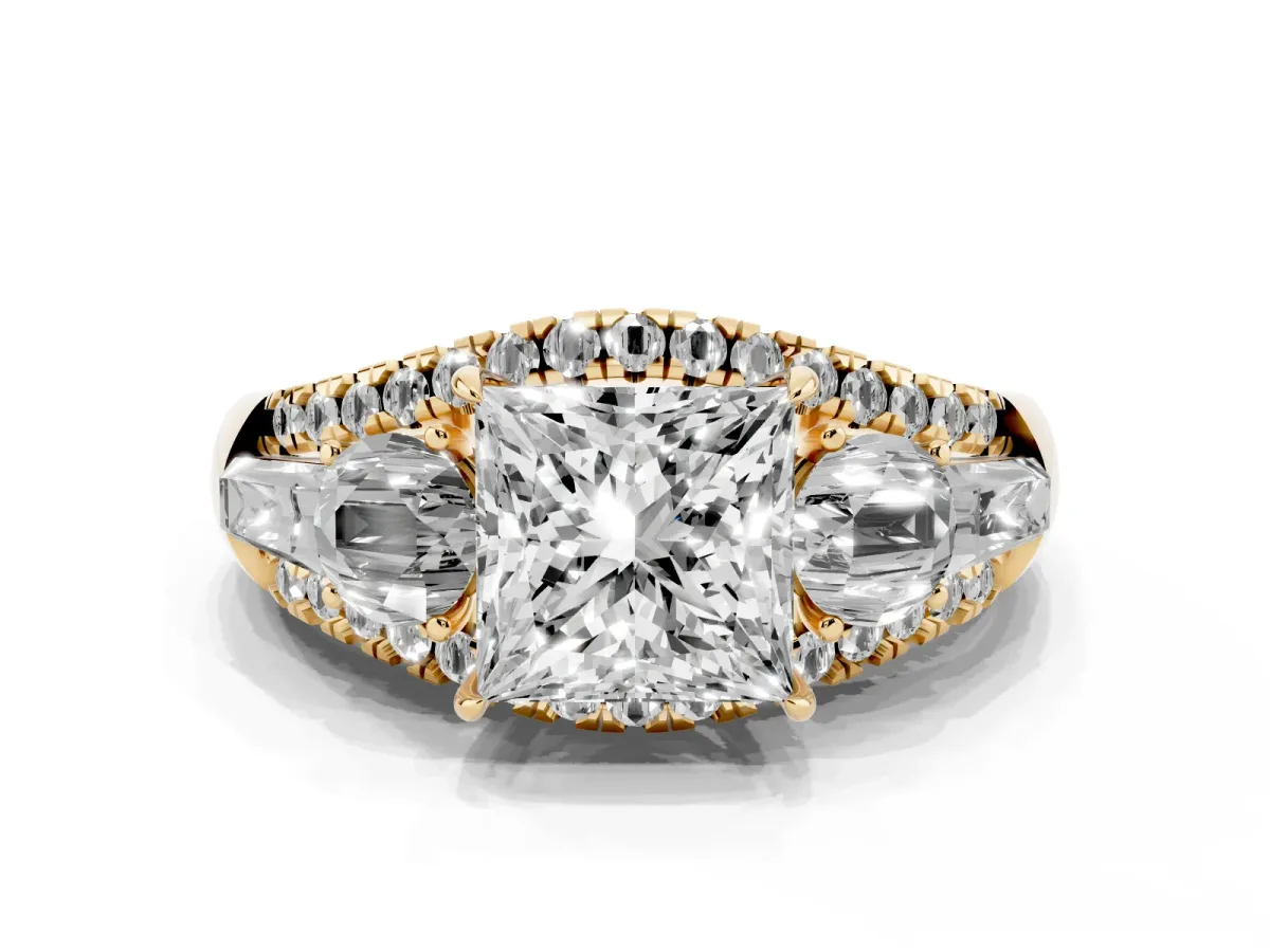Three-Stone Princess Cut Diamond Engagement Ring with Pave Band and Prong Setting Yellow gold
