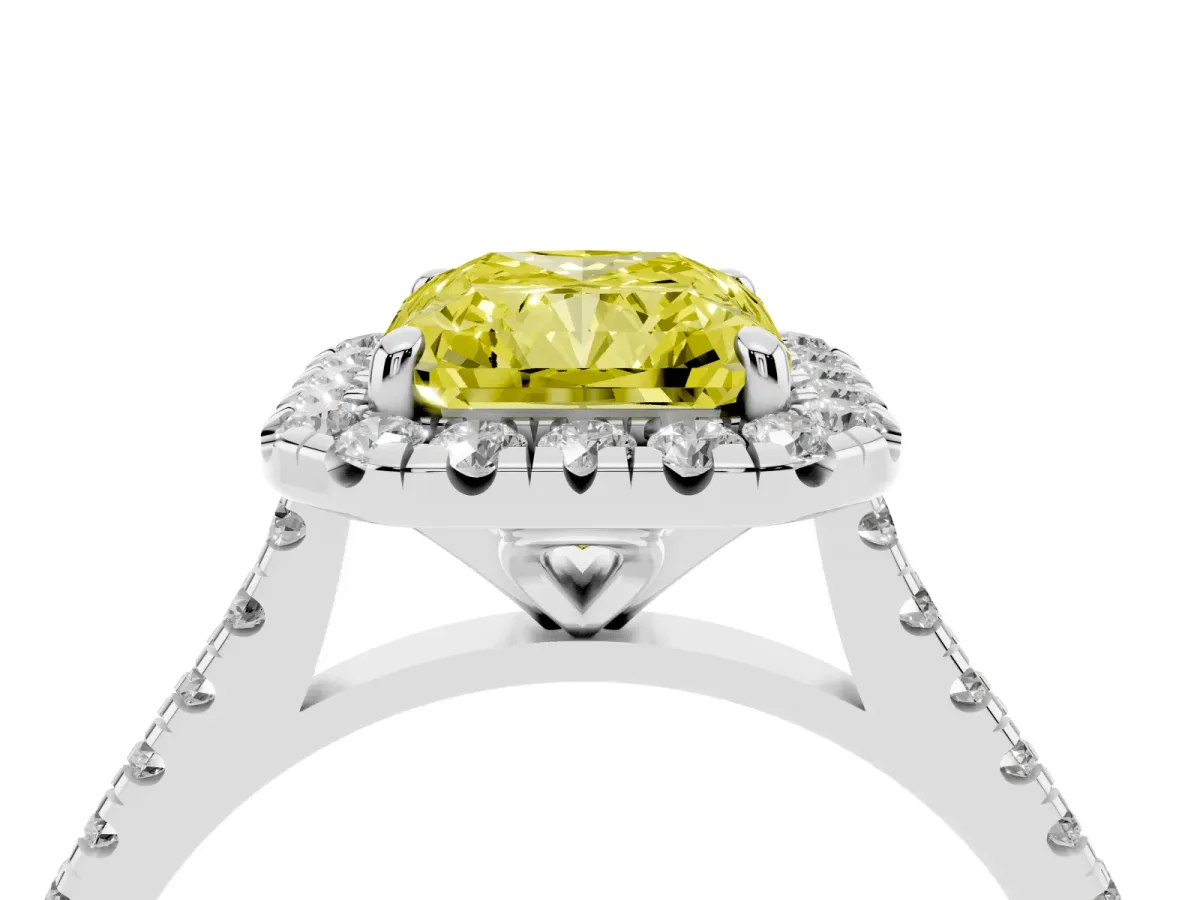 Fancy Yellow Radiant Cut Diamond Cushion Halo Ring with Pavé Band Silver