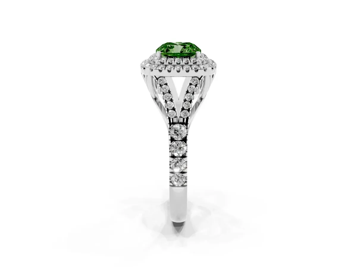 Fancy Green Cushion Cut Diamond Pavé Split Shank Double Halo Engagement Ring Silver